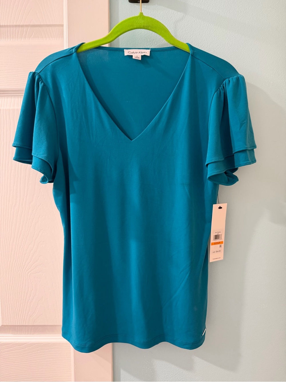 NWT Calvin Klein Women's Flutter Sleeve V-Neck Blouse Top Sz S Stretch Teal Blue